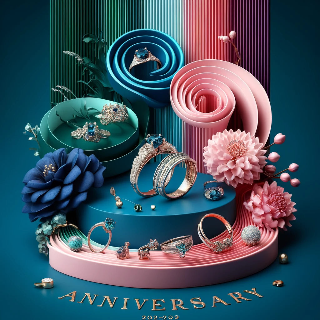 Artistic display of anniversary-themed jewellery, featuring elegant rings and matching accessories, set against a backdrop of deep blue, vibrant pink, and light turquoise, symbolising the celebration of enduring love in Ireland.