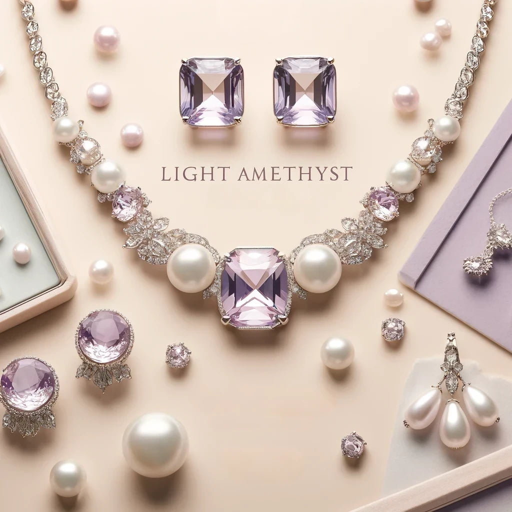 June Birthstone Jewellery by Magpie Gems featuring Austrian Crystal Light Amethyst and Crystal Pearl stones.