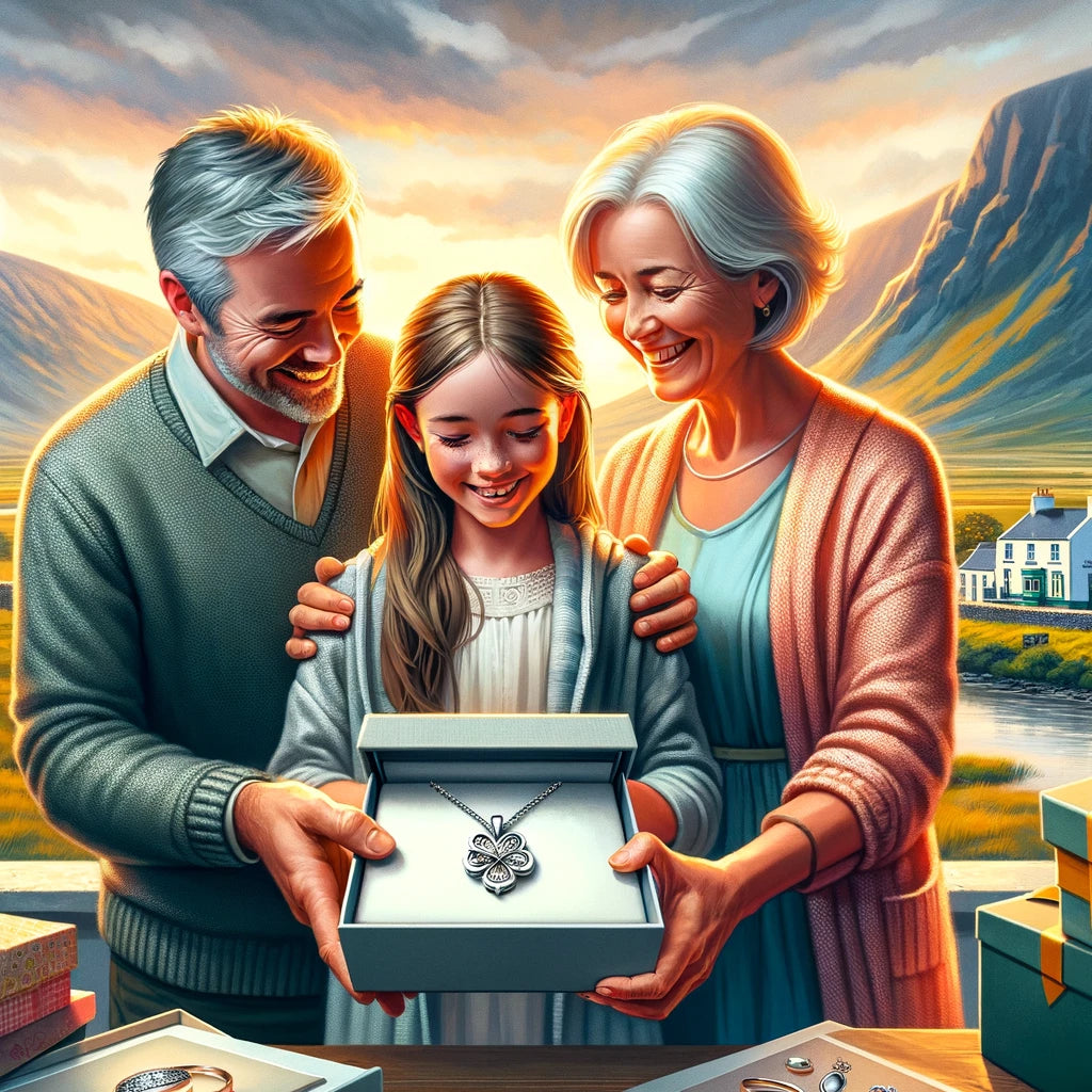 An image of parents gifting a piece of silver jewellery to their daughter in Ireland.