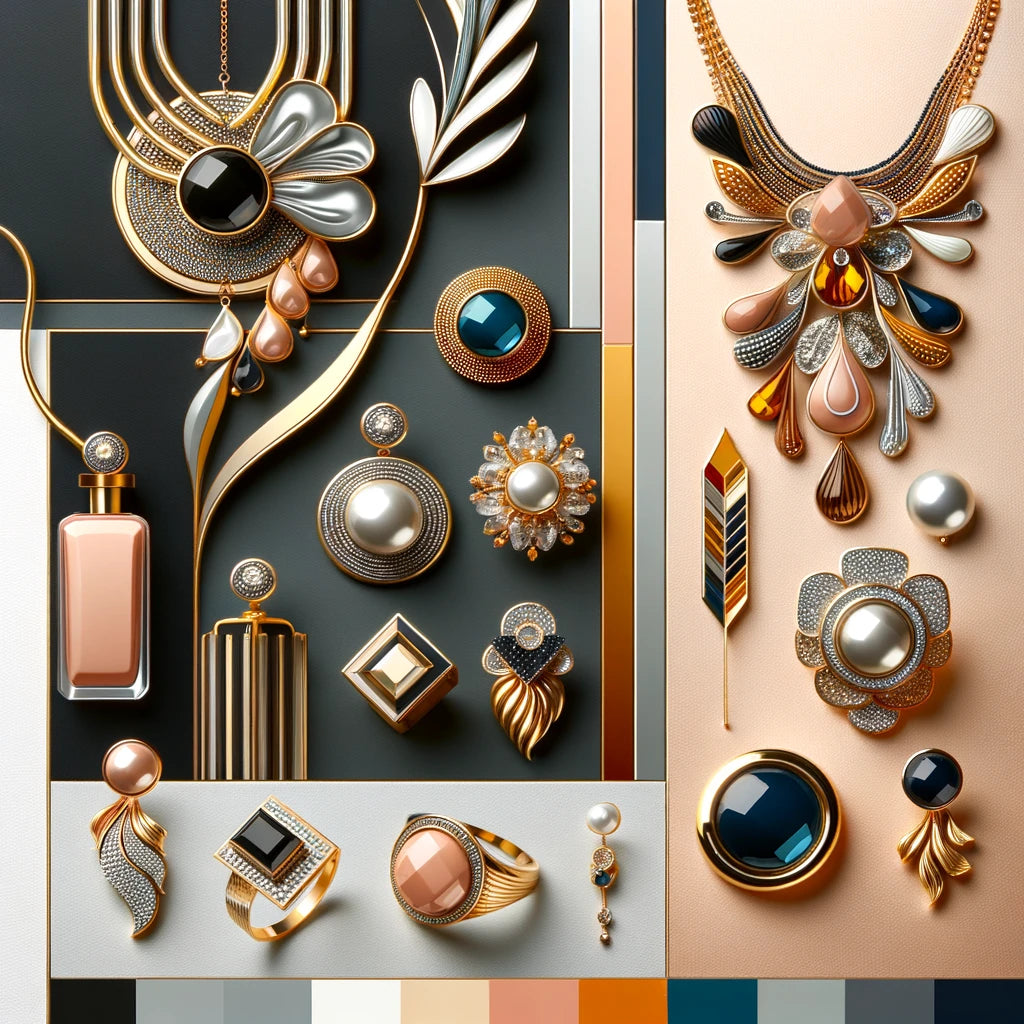 An informative and stylish image showcasing examples of statement jewellery, including bold necklaces, eye-catching earrings, and dramatic rings.
