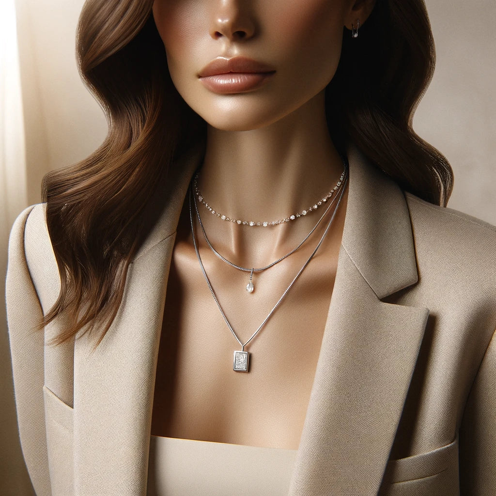 A woman wearing two beautifully stacked necklaces, one a delicate silver chain with a subtle pendant, and the other a bold piece adorned with Austrian crystals, set against a soft and neutral background.