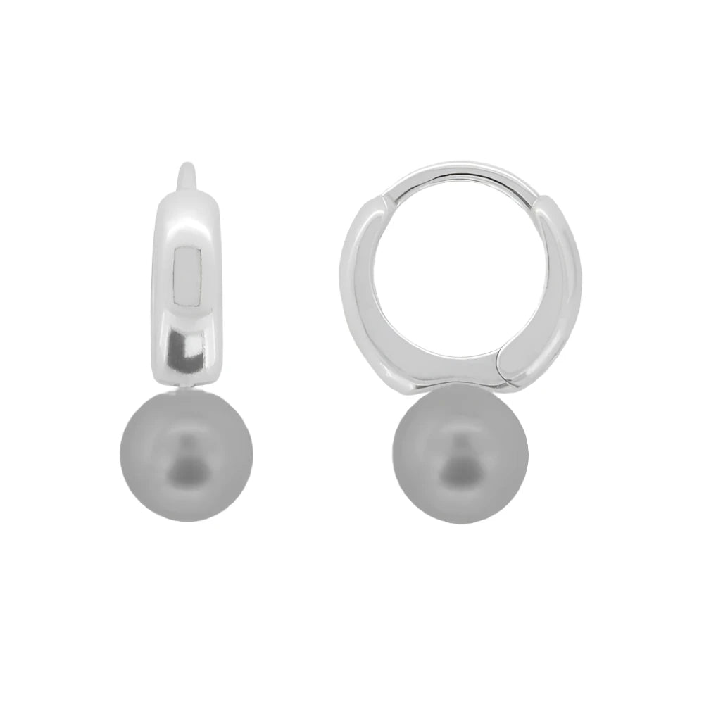 8mm grey crystal pearl hoop earrings in sterling silver, hypoallergenic