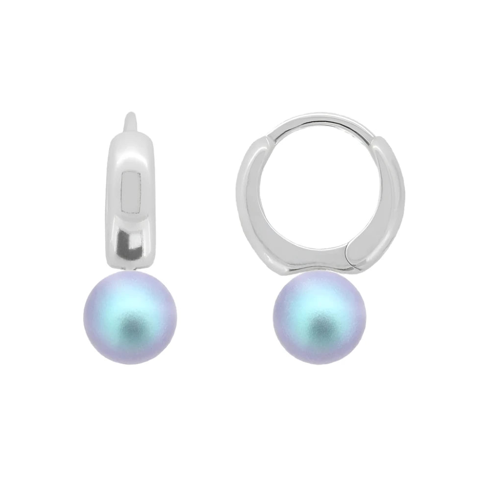 8mm iridescent light blue crystal pearl hoop earrings in sterling silver, hypoallergenic