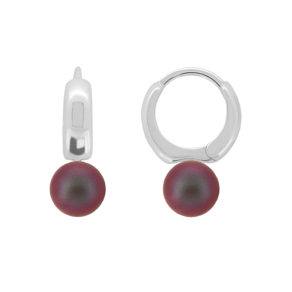 8mm iridescent red crystal pearl hoop earrings in sterling silver, hypoallergenic