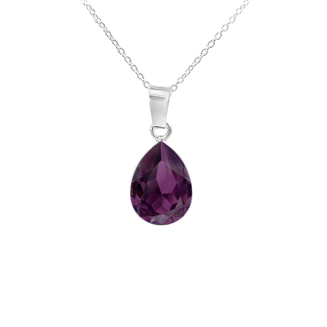 Amethyst Purple Solitaire Teardrop Pendant Necklace in 925 Sterling Silver with Pear-cut Austrian crystals by Magpie Gems in Ireland