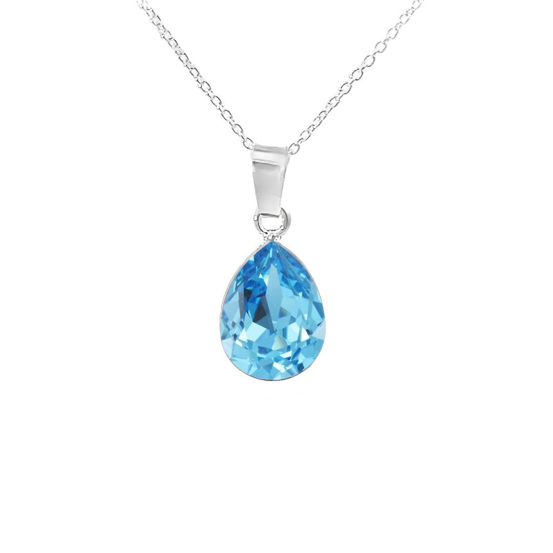Aquamarine Blue Solitaire Teardrop Pendant Necklace in 925 Sterling Silver with Pear-cut Austrian crystals by Magpie Gems in Ireland