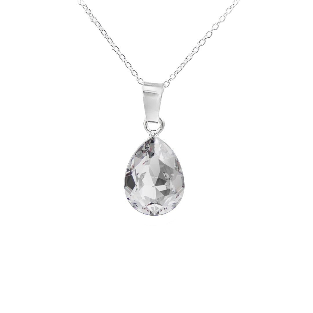 Crystal Clear Solitaire Teardrop Pendant Necklace in 925 Sterling Silver with Pear-cut Austrian crystals by Magpie Gems in Ireland