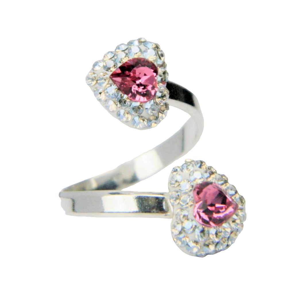 Magpie Gems sterling silver double heart pave ring with pink Austrian crystal accents, showcasing artisanal Irish craftsmanship.