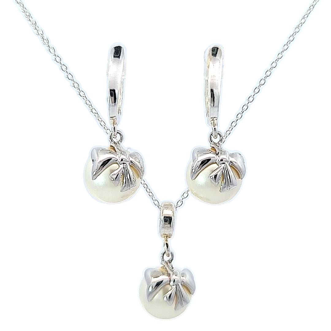 Silver Bow Embraced Pearl Jewellery Set