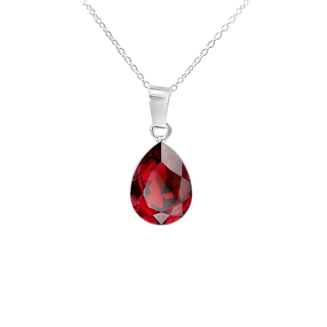 Elegant Scarlet Red Teardrop Pendant Necklace in 925 Sterling Silver with Pear-cut Austrian crystals by Magpie Gems in Ireland