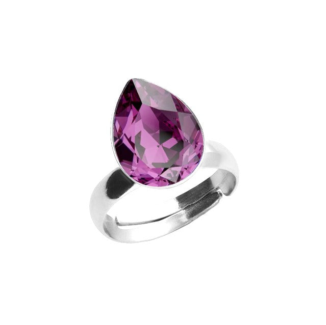 Amethyst Purple Solitaire Silver Ring in Nickel-Free Sterling Silver with Pear-shaped Teardrop Crystal by Magpie Gems Ireland