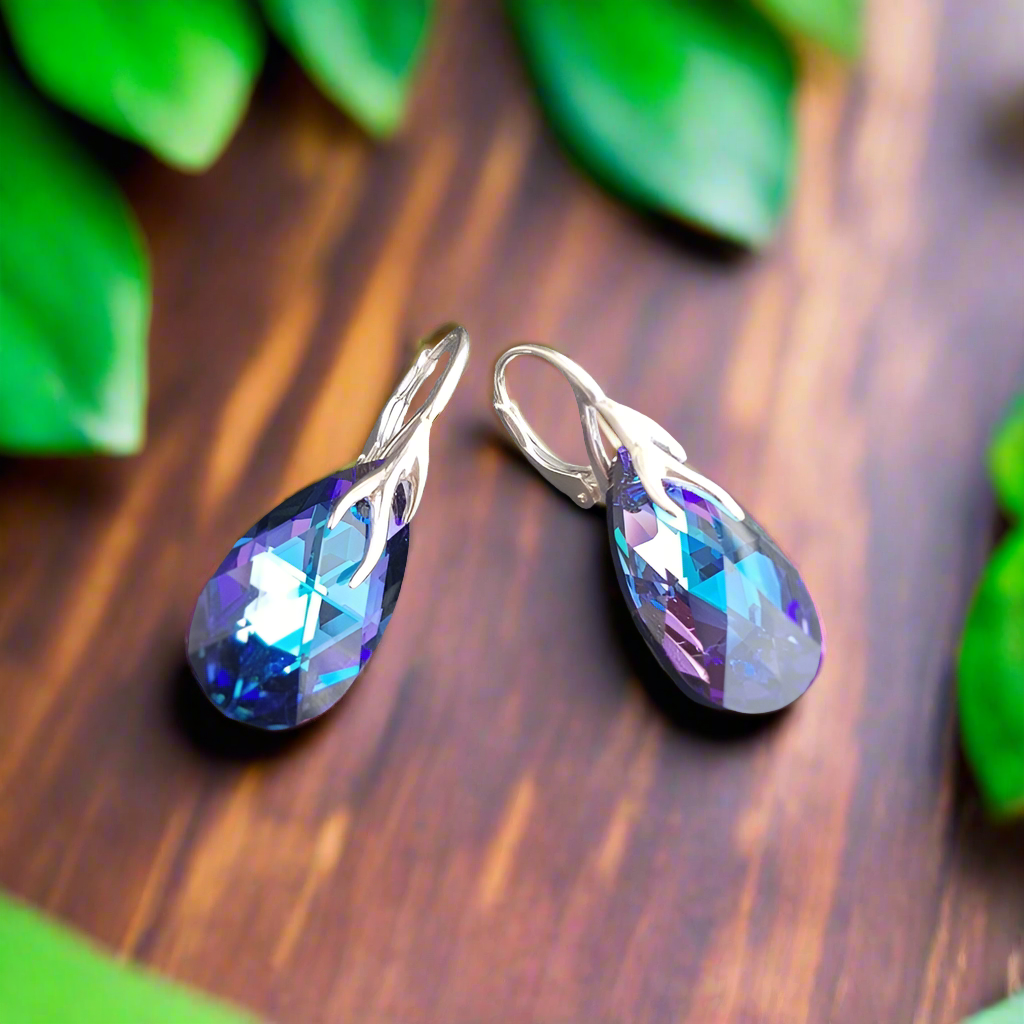 Heliotrope purple Tear Drop Silver Earrings with Lever back, [product type], - Personalised Silver Jewellery Ireland by Magpie Gems