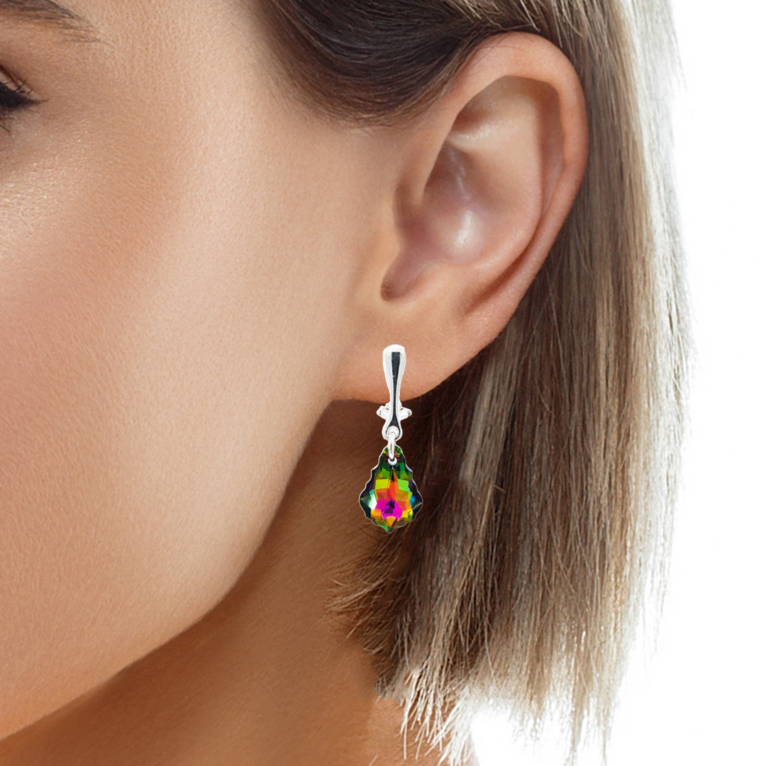 Rainbow Coloured Vitrail Medium Baroque Crystal Clip-On Earrings in Sterling Silver for Non-Pierced Ears