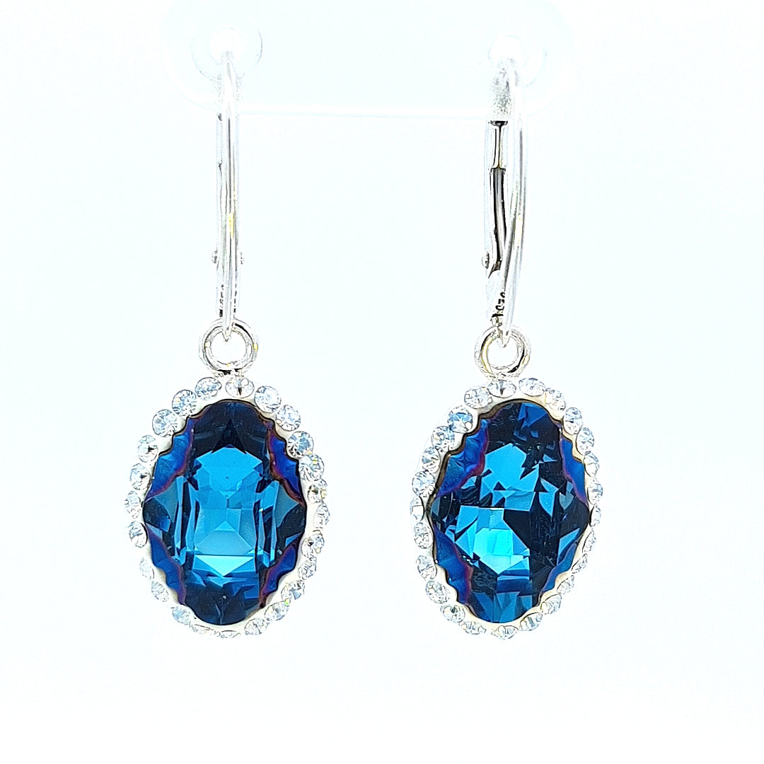 Bermuda Blue Oval Sparkle Tribe Crystal Dangle Earrings in Sterling Silver