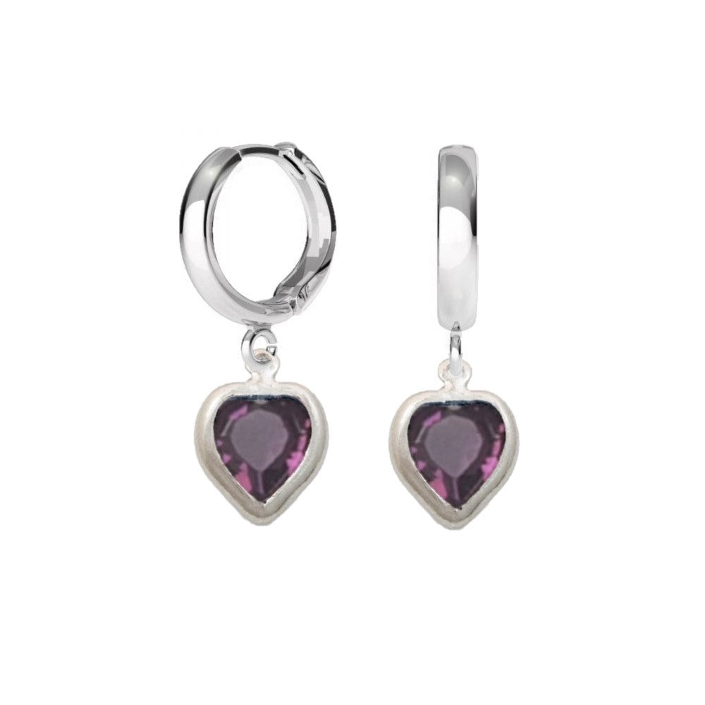 Birthstone Hoop Earrings with Amethyst Heart Charm for February