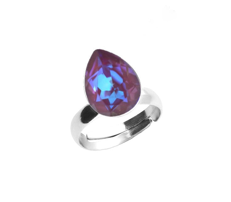 Burgundy DeLite Solitaire Silver Ring in Nickel-Free Sterling Silver with Pear-shaped Teardrop Crystal by Magpie Gems Ireland