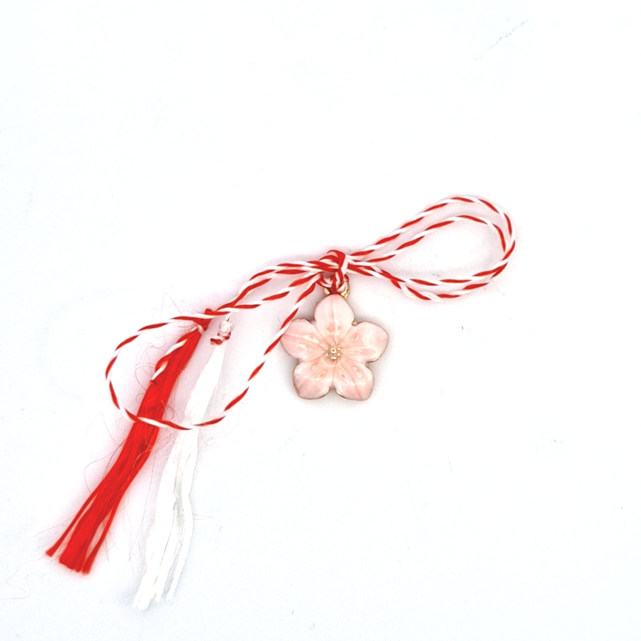 herry Blossom Martisor Charm Pendant featuring soft pink enamelled blossoms with golden accents, ideal for welcoming spring.