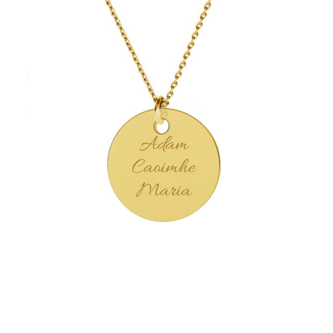 Gold-plated pendant with three engraved names, featuring a sleek circular design for a personalised jewellery piece.