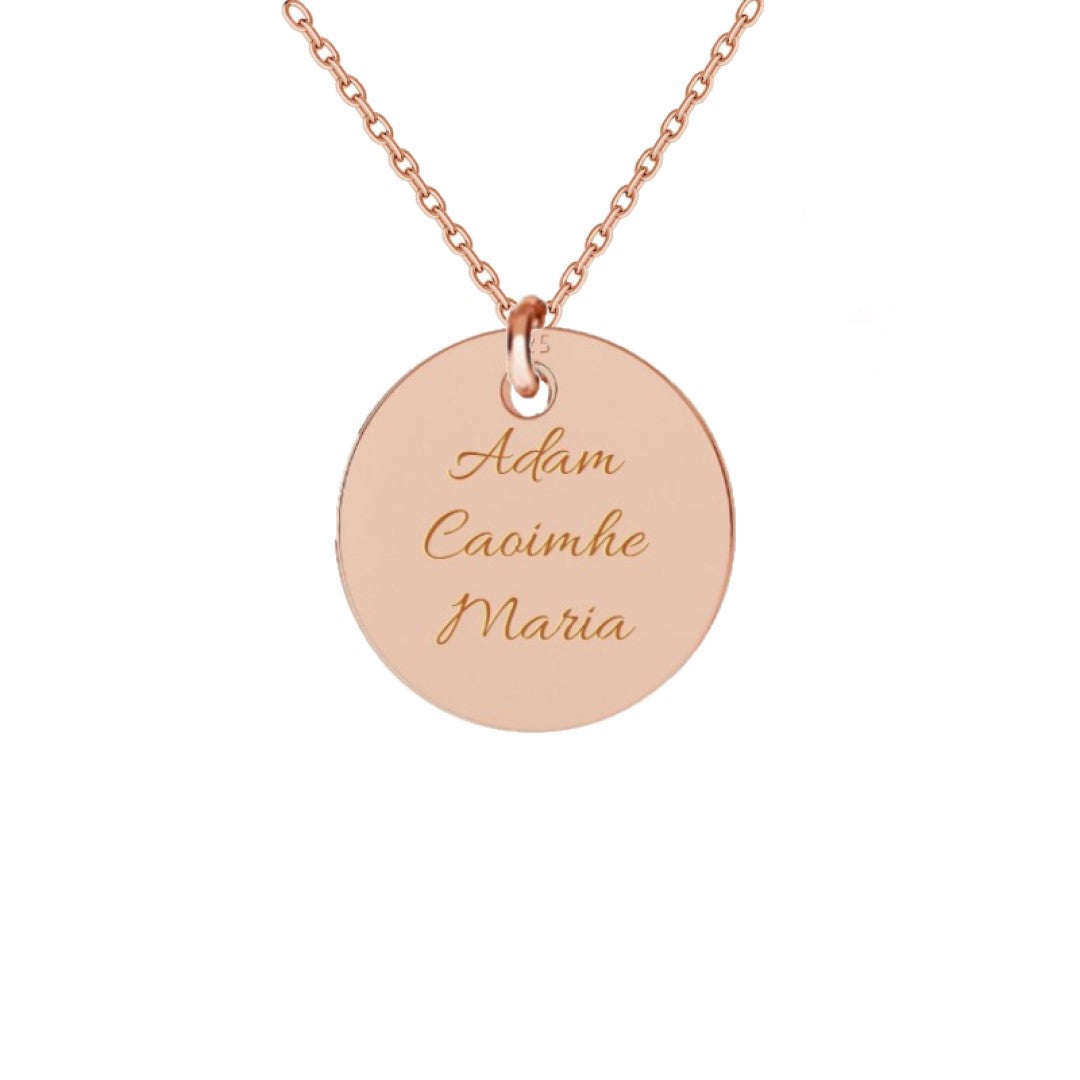 Rose gold pendant with three names engraved, designed with a circular shape to celebrate family connections.