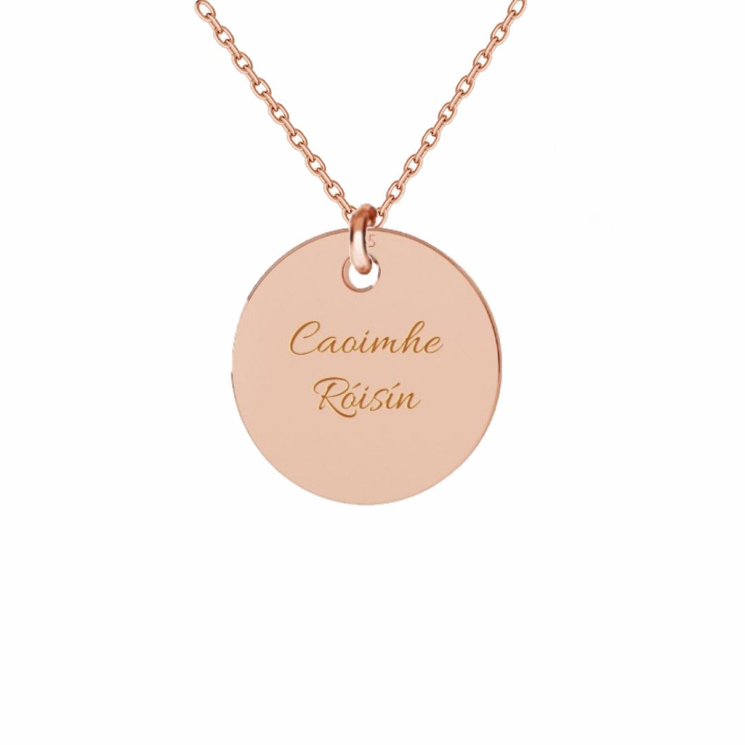 Rose gold pendant with two names engraved, featuring a classic circular design for a meaningful gift.