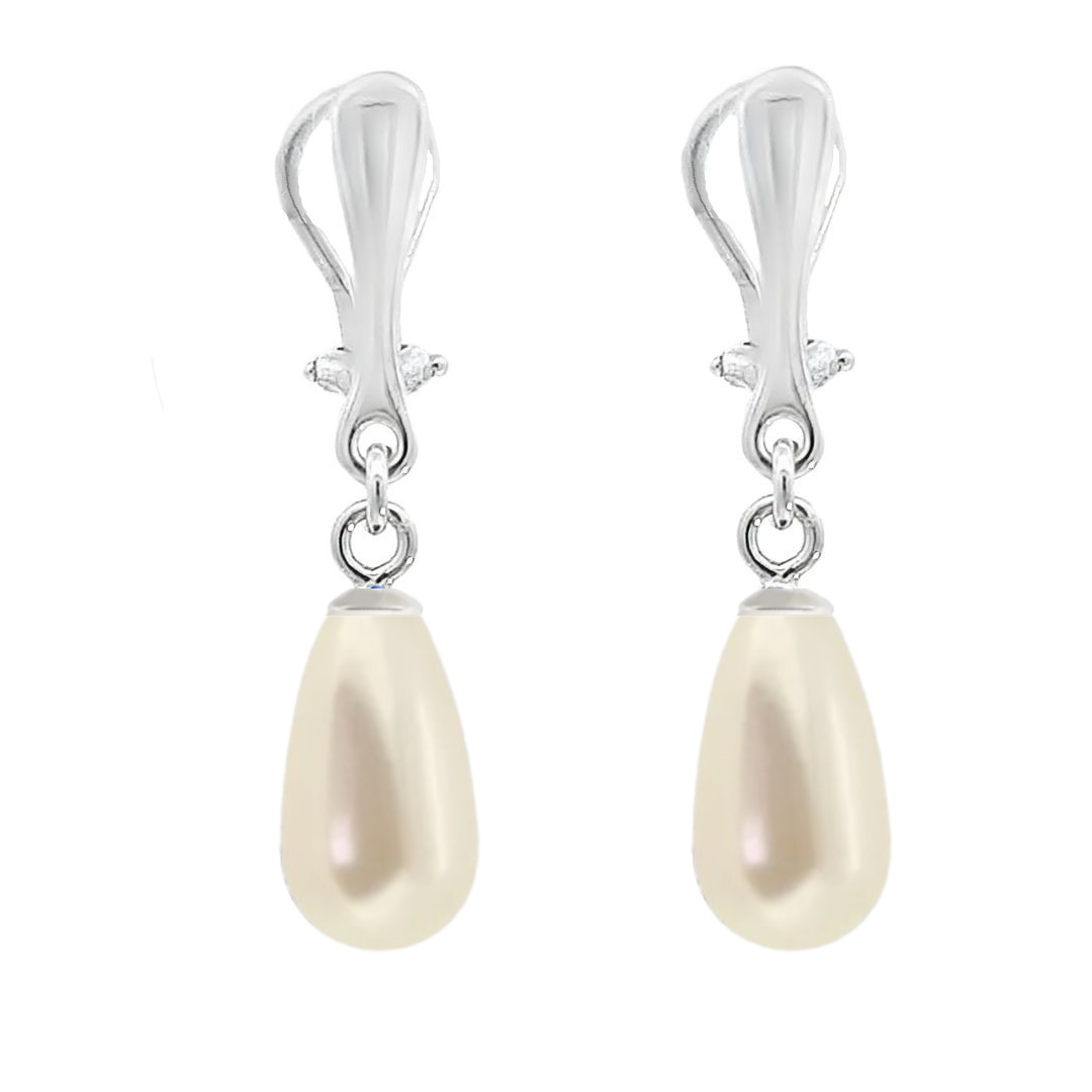 Elegant Long Dangling Clip-On Earrings with Light Creamrose Teardrop Pearl, Hypoallergenic Sterling Silver, handmade by Magpie Gems in Ireland