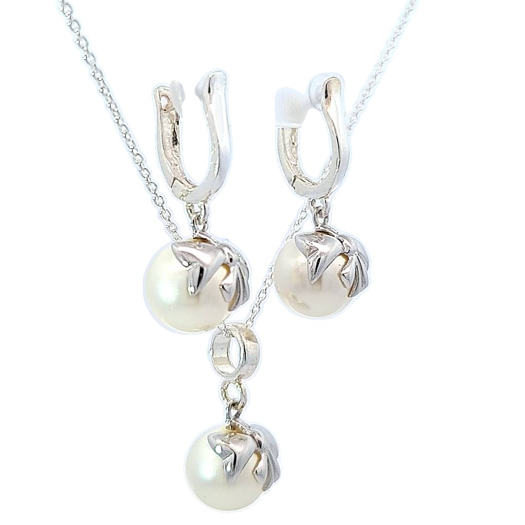 Silver Bow Embraced Pearl Jewellery Set