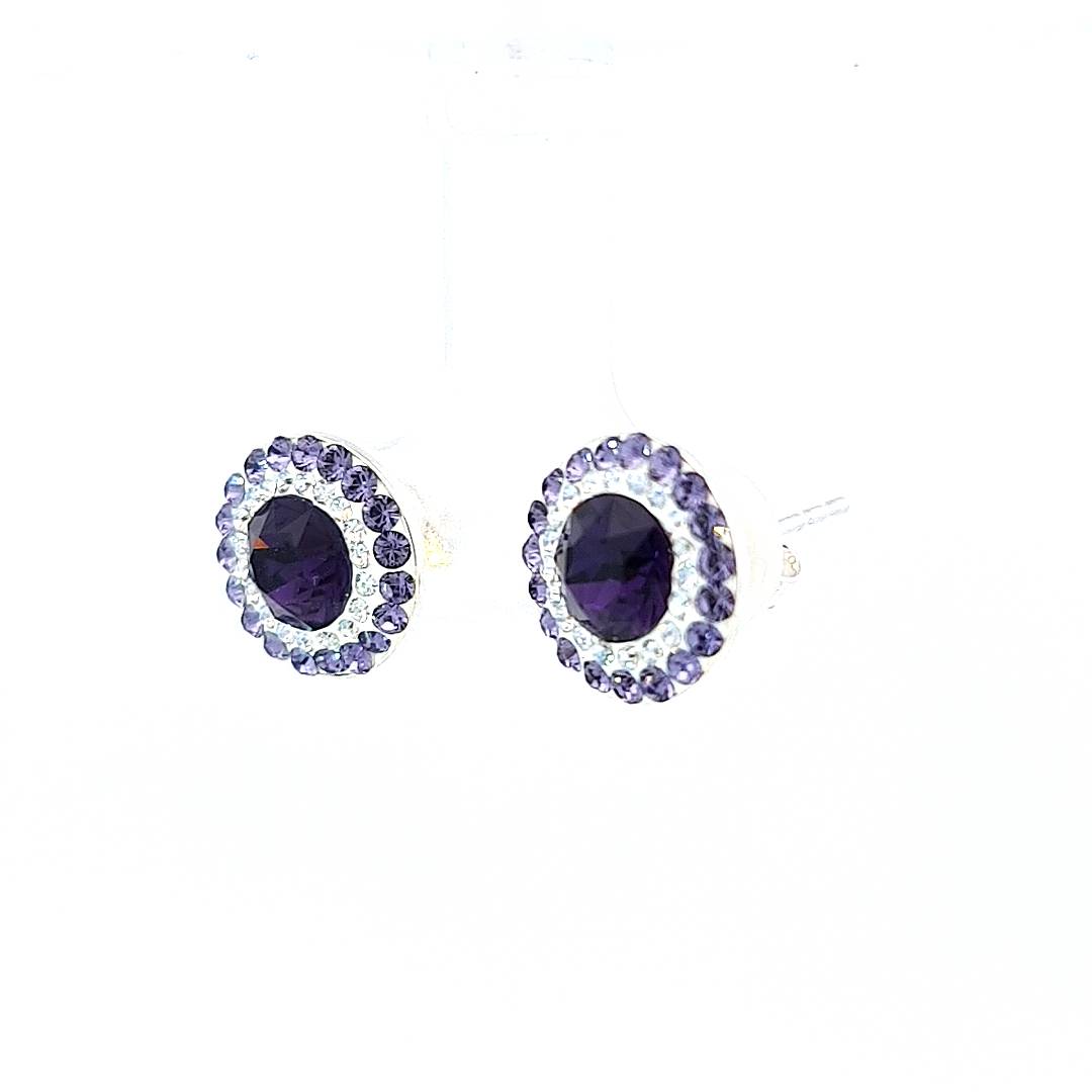 Close-up of Double Halo Stud Earrings in Sterling Silver with Deep Purple Crystals