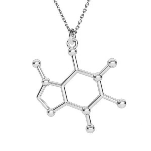 Close-up of Vertical Caffeine Molecule Charm Necklace in Sterling Silver
