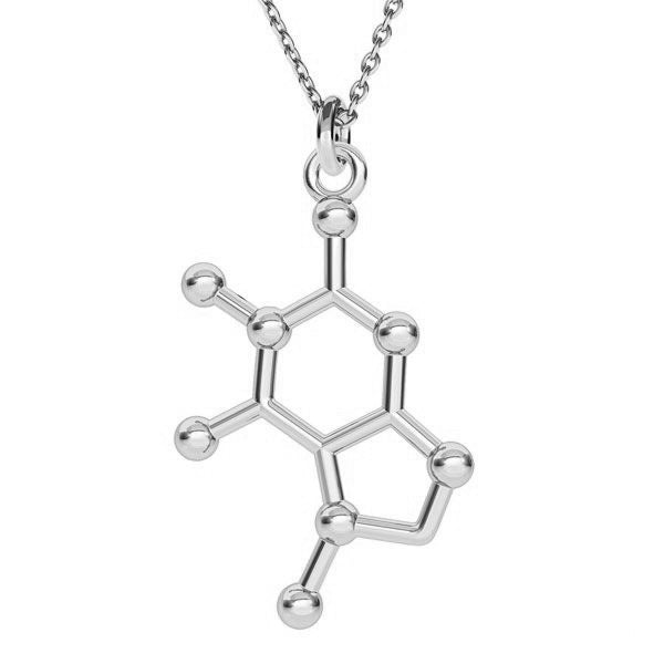 Close-up of Vertical Chocolate Chemical Formula Molecule Charm Necklace in Sterling Silver