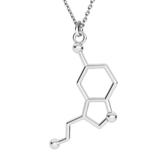 Close-up of Vertical Serotonin Molecule Charm Necklace in Sterling Silver