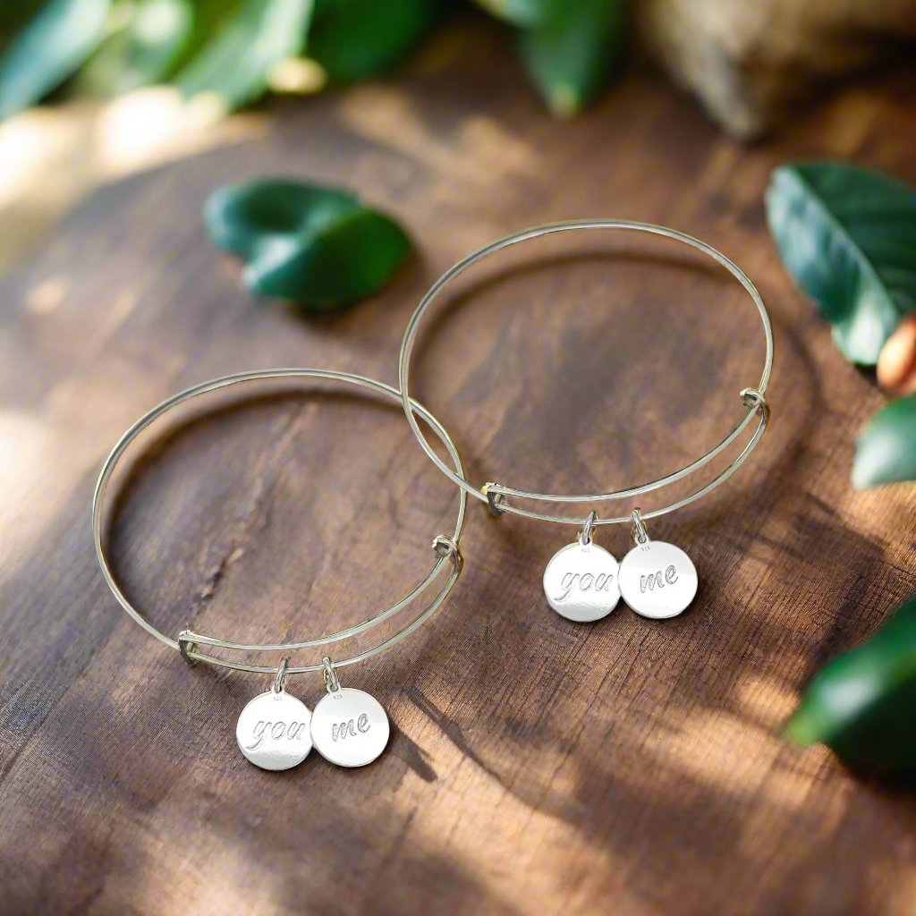 Set of Two Sterling Silver Bracelets for Couples, Engraved with "Me" and "You", Perfect for Romantic Gifts