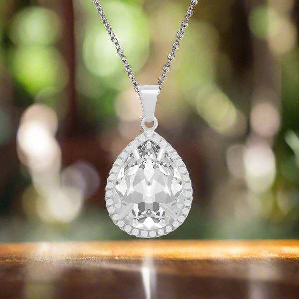Close-up of Crystal Clear Dazzling Pear Pendant Necklace