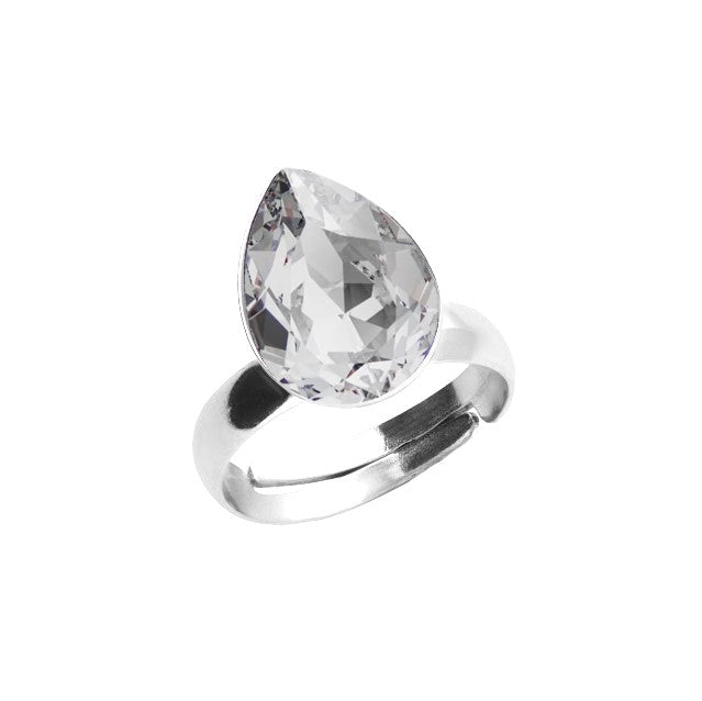 Crystal Clear Solitaire Silver Ring in Nickel-Free Sterling Silver with Pear-shaped Teardrop Crystal by Magpie Gems Ireland