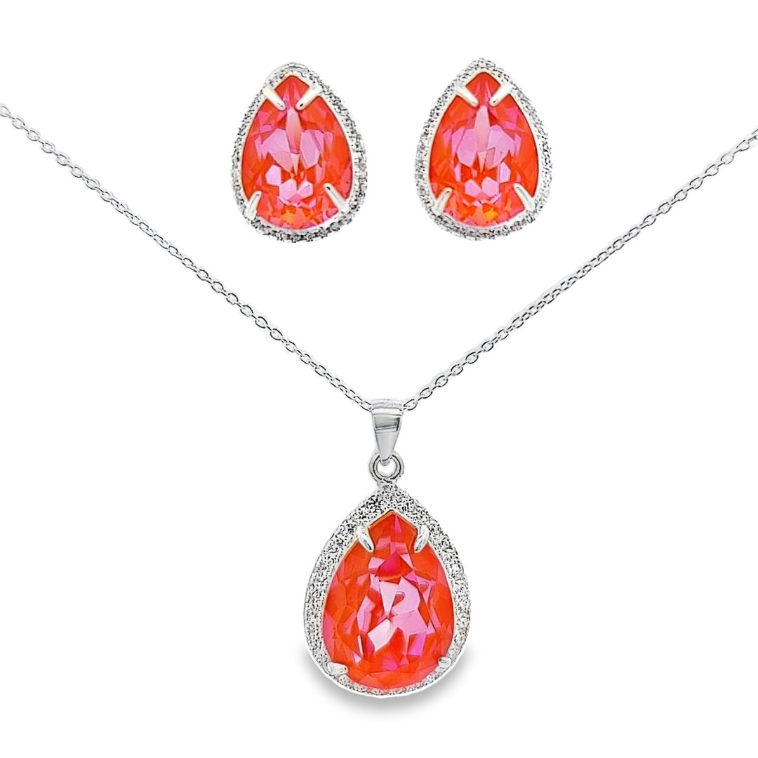 Dazzling Pear Silver Jewellery Set in Sterling Silver with Orange Glow Delite Crystal Stones