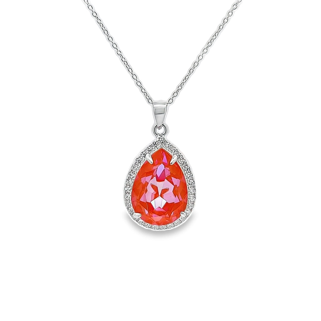 Dazzling Pear Sterling Silver Halo Pendant Necklace with Orange Glow Delite Crystal