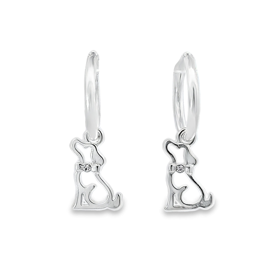 Paws and Sparkle Dog with Crystal Charm Hoop Earrings in Sterling Silver