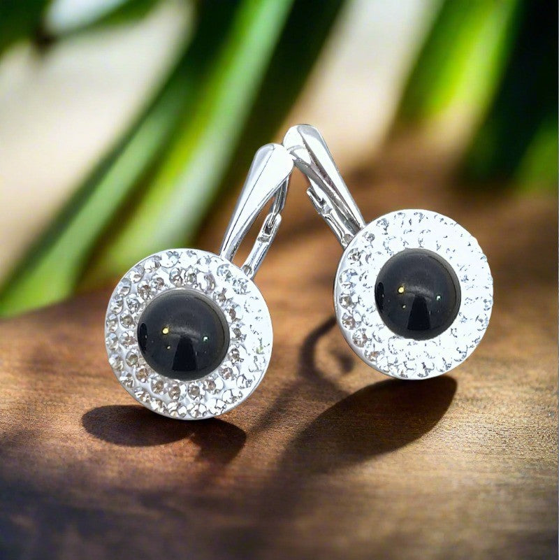 Irish Hand-Finished Sterling Silver Double Halo Pearl Leverback Earrings with Black Pearl