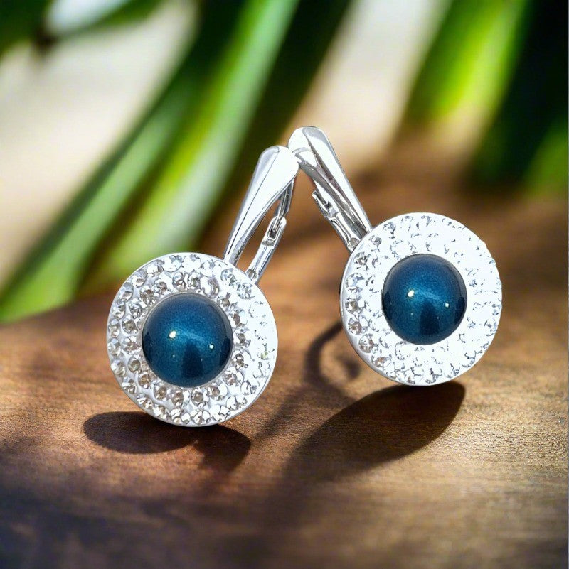 Double Halo Pearl Leverback Earrings in Sterling Silver with Petrol Blue Pearl