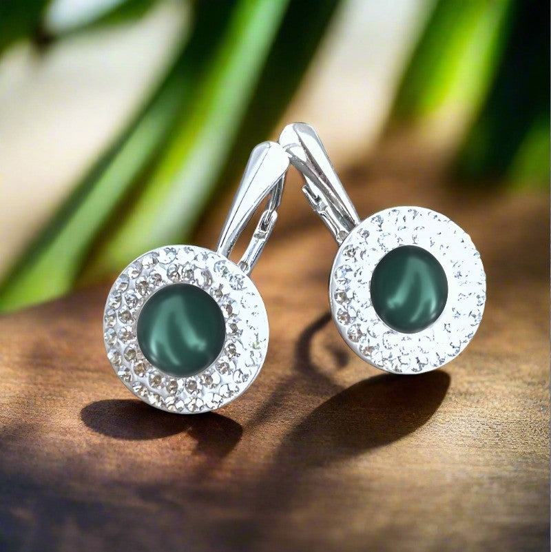 Double Halo Pearl Leverback Earrings in Sterling Silver with Tahitian Look Pearl