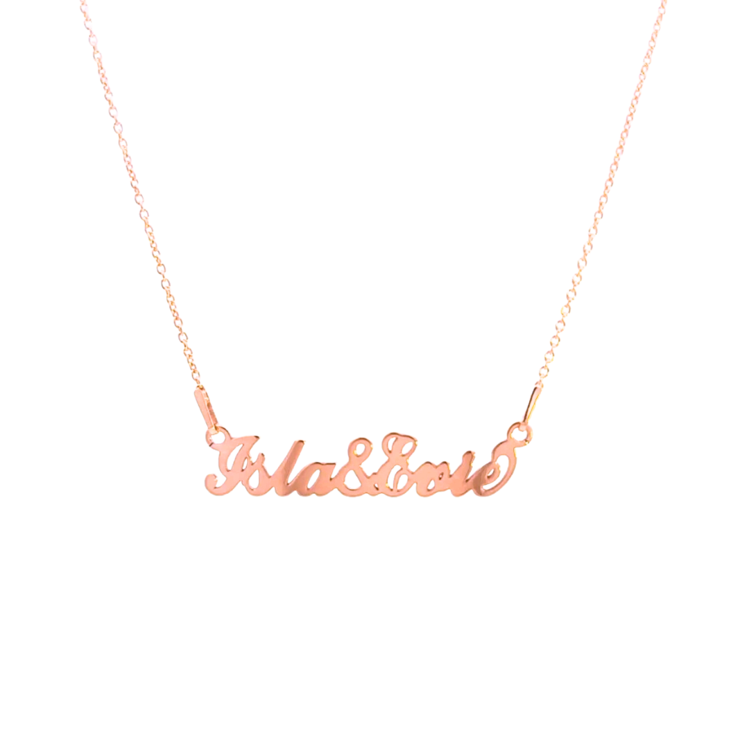 Close-up of the personalised double name necklace highlighting the script font and 8.5mm height, showcasing the delicate design of the double name necklace in rosegold plating.