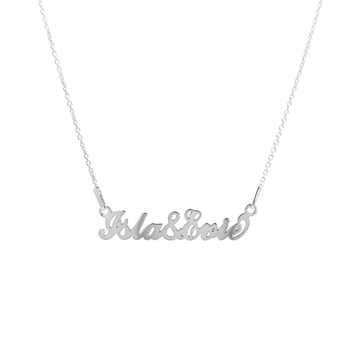 Front view of the personalised double name necklace in Silver with a sterling silver base.