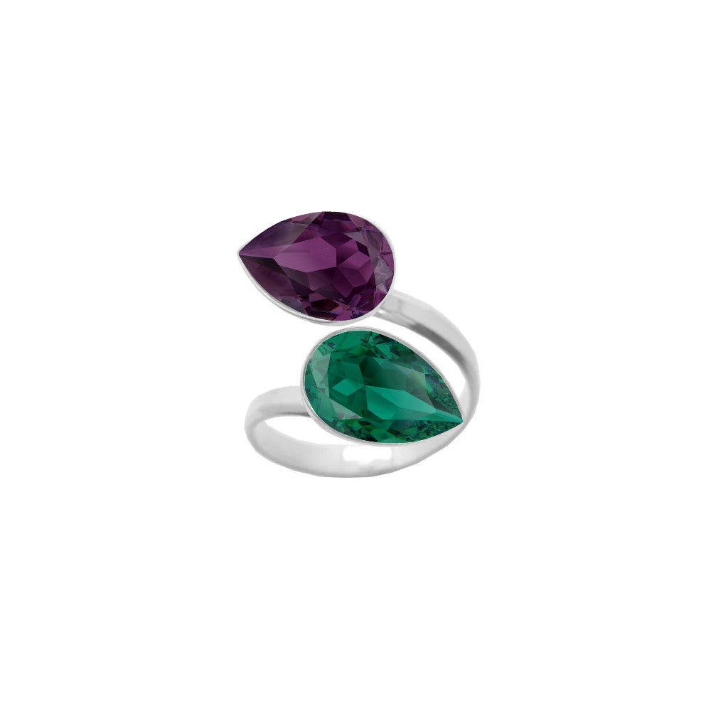 A beautiful 925 Sterling silver wrap-around ring featuring Amethyst Purple and Emerald Green pear-cut crystals, meticulously handcrafted as a dual crystal ring for women by Magpie Gems in Ireland.