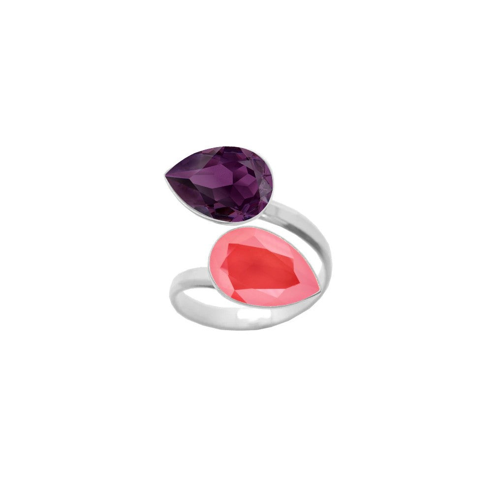 A captivating 925 Sterling silver wrap-around ring featuring Amethyst Purple and Light Coral pear-cut crystals, beautifully handcrafted as a dual crystal ring for women by Magpie Gems in Ireland.