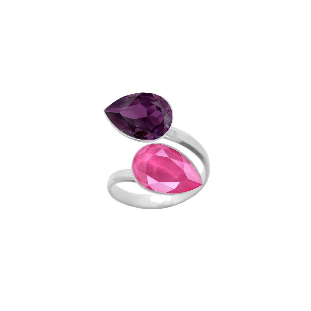 A stunning 925 Sterling silver wrap-around ring adorned with Amethyst Purple and Peony Pink pear-cut crystals, meticulously handcrafted as a dual crystal ring for women by Magpie Gems in Ireland.