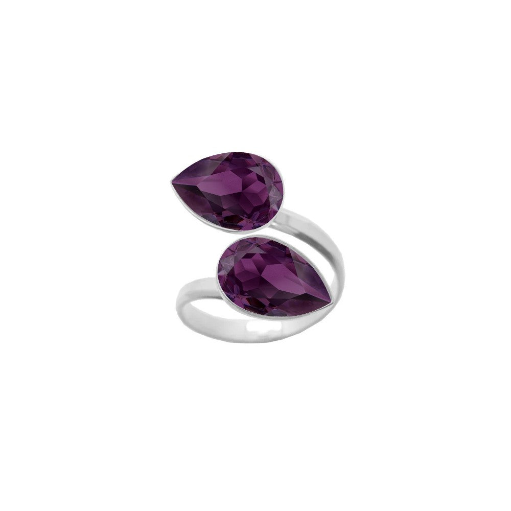 Amethyst Purple pear-cut crystals embellish this 925 Sterling silver wrap-around ring, a stunning dual crystal ring for women, meticulously handcrafted by Magpie Gems in Ireland.