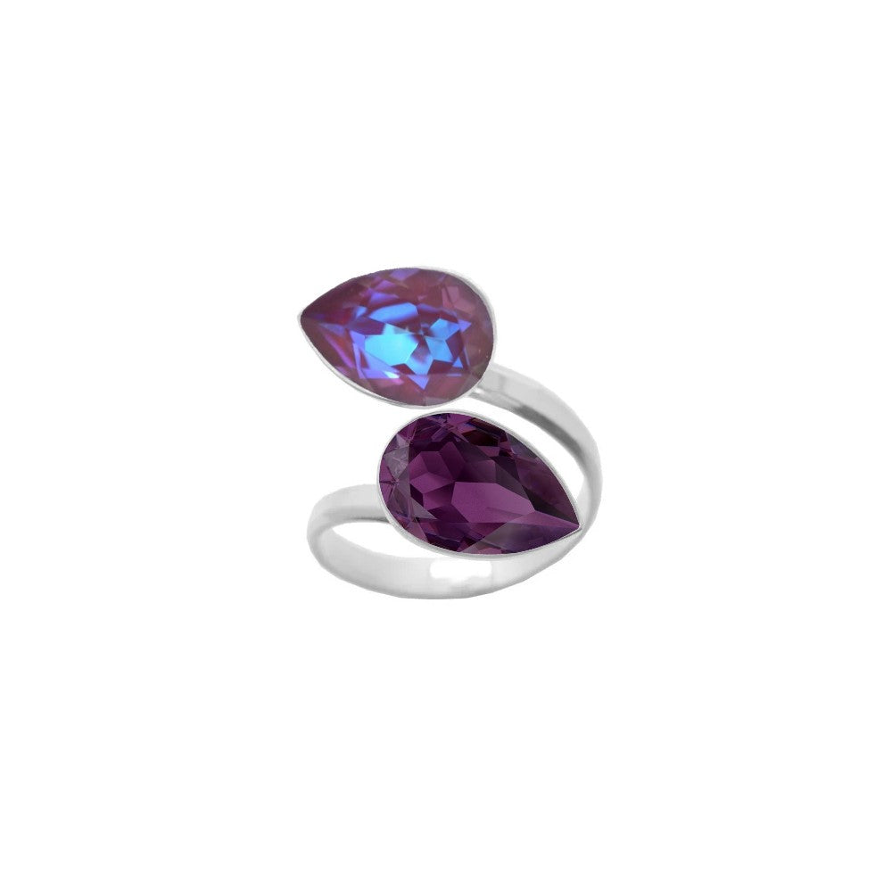 Elegant dual crystal ring for women, crafted from 925 Sterling silver with Burgundy Delite and Amethyst Purple pear-cut crystals, wrapped delicately around the finger, handmade by Magpie Gems in Ireland.