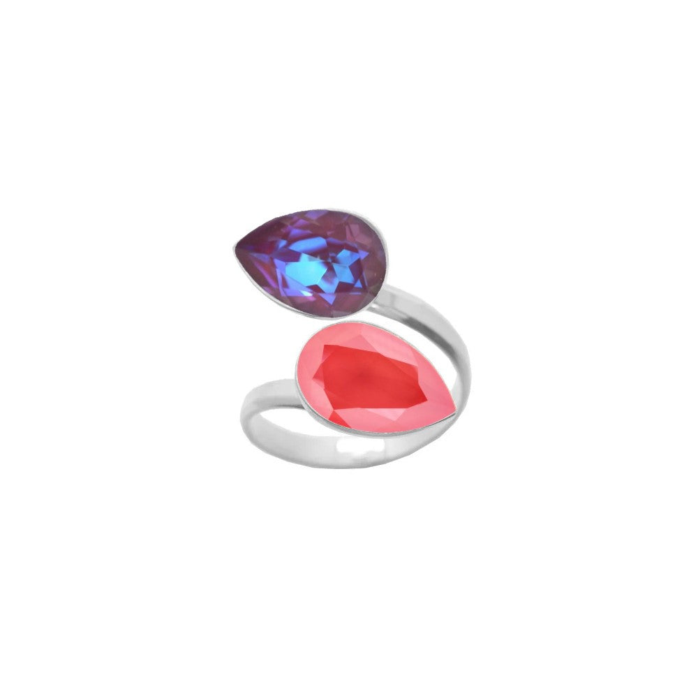 A stylish dual crystal ring for women, crafted from 925 Sterling silver with Burgundy Delite and Light Coral pear-cut crystals, wrapped delicately around the finger, handmade by Magpie Gems in Ireland.