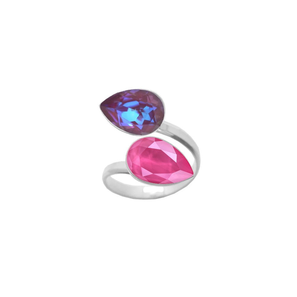 An exquisite dual crystal ring for women, crafted from 925 Sterling silver with Burgundy Delite and Peony Pink pear-cut crystals, wrapped delicately around the finger, handmade by Magpie Gems in Ireland.