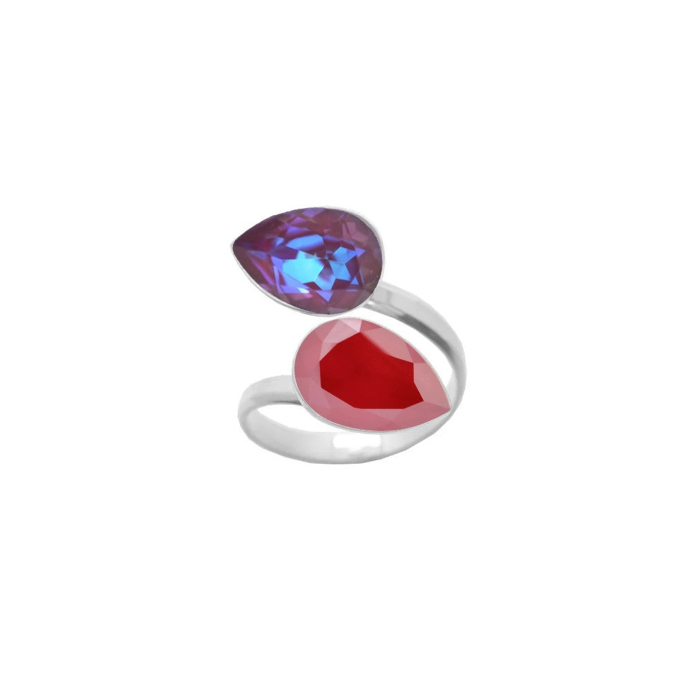 An elegant 925 Sterling silver ring with a wrap-around design, featuring double pear-cut crystals in Burgundy Delite and Royal Red teardrop shapes, meticulously handcrafted for women by Magpie Gems in Ireland.