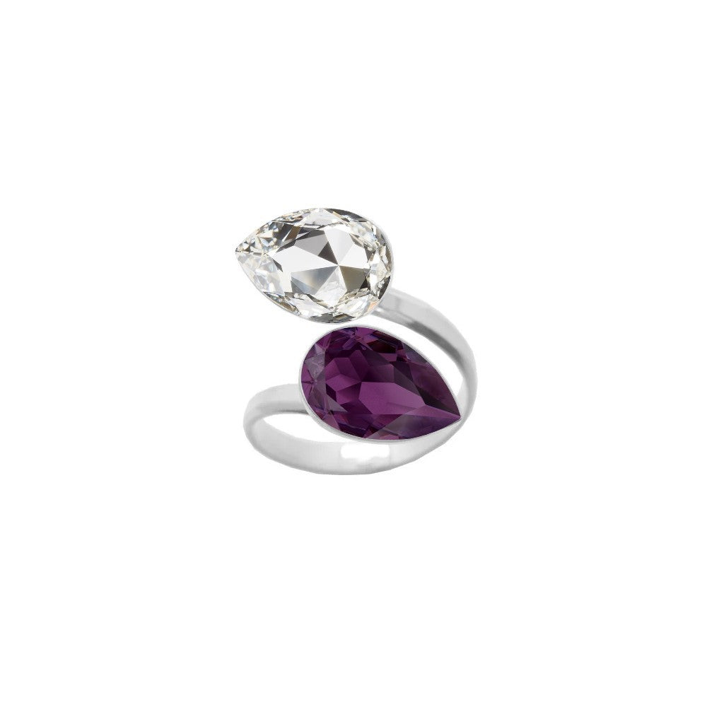 A captivating 925 Sterling silver ring with a wrap-around design, showcasing dual pear-cut crystals in Clear and Amethyst Purple teardrop shapes, meticulously handcrafted for women by Magpie Gems in Ireland.